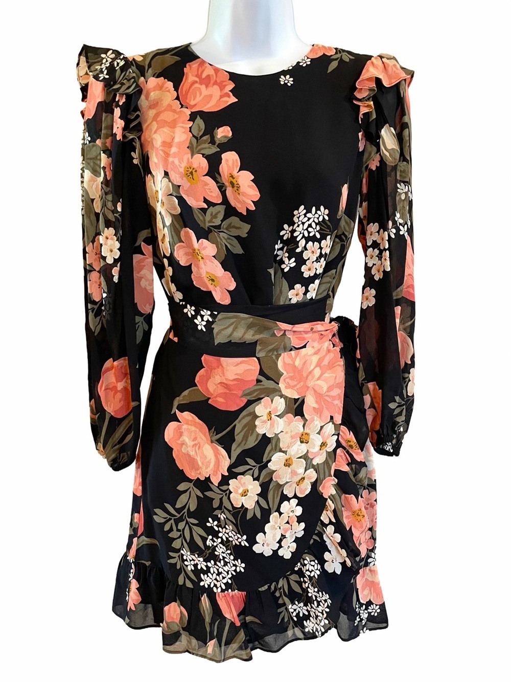 Reformation Quest Floral Wrap Mini Dress Black Pink Romantic Size 2